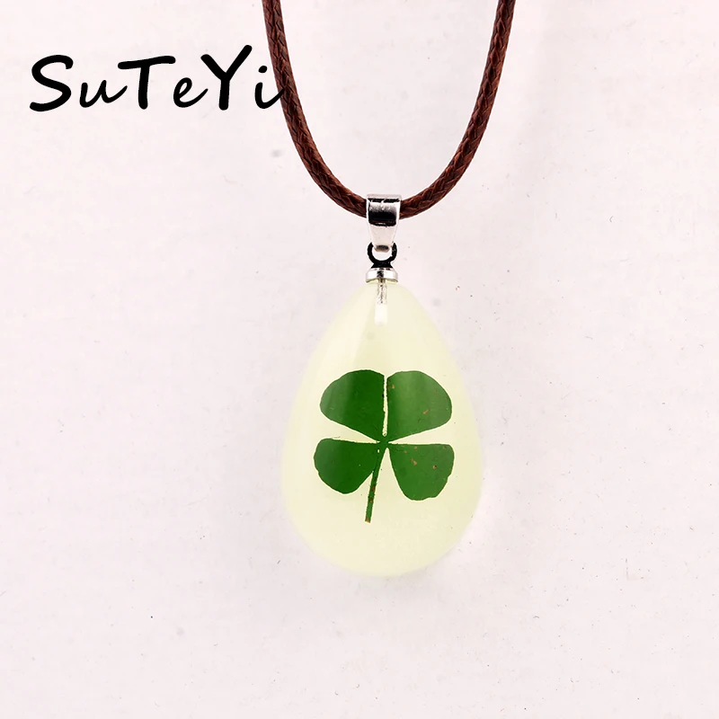 Four Leaf Clover Necklace Glow In the Dark Water Drop Dried Flower Pendant Necklaces 5f5e1 5 dbf57