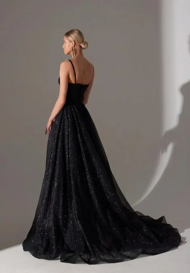 Gold Black Evening Dresses Glitter Tulle Sparkly Bling Long Sweep Train Sweetheart Spaghetti Strap A Line Formal Party Prom Gown