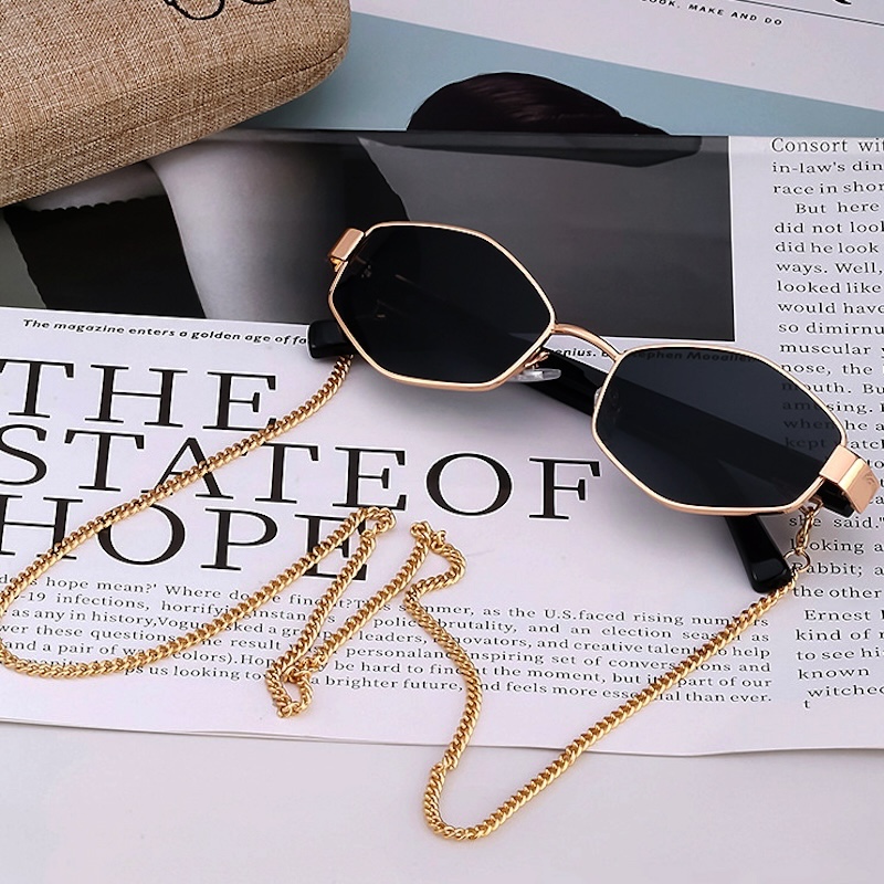 Sexy Sunglasses Women With Chain Small Frame Hexagon Luxury Brand Designer Punk Sun Glasses For Ladies Shades Fashion Square Vintage Cat Eye Oval Meta