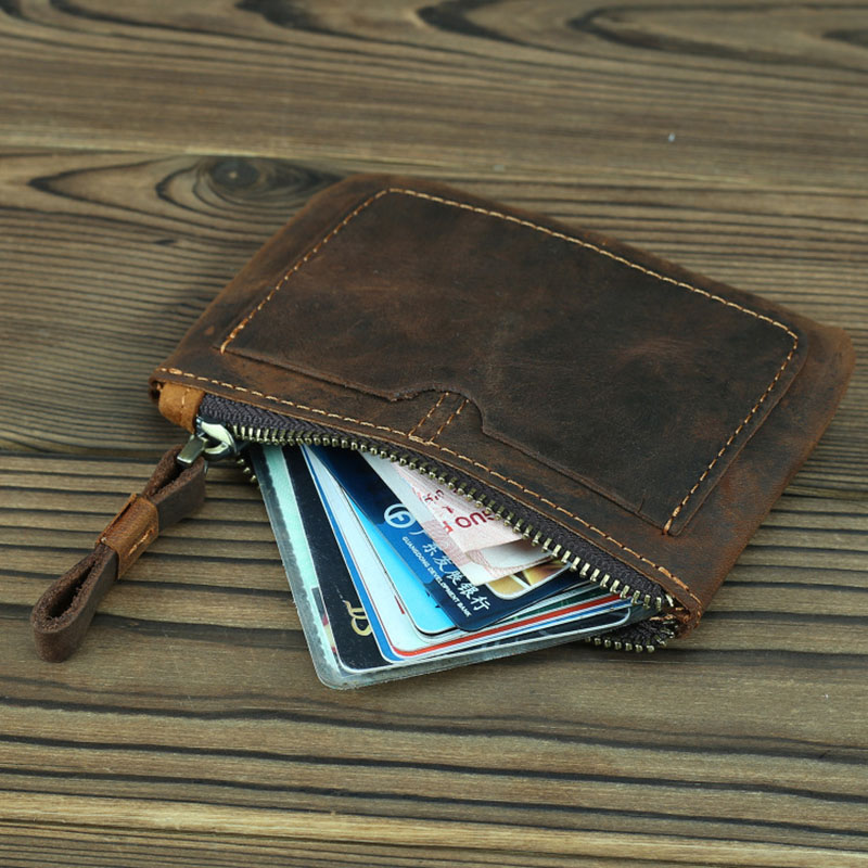 Vintage Crazy Horse Leather Men Coin Purse Retro Key Holder Small Money Bag Clutch Bag Genuine Leather Zipper Coin Wallet