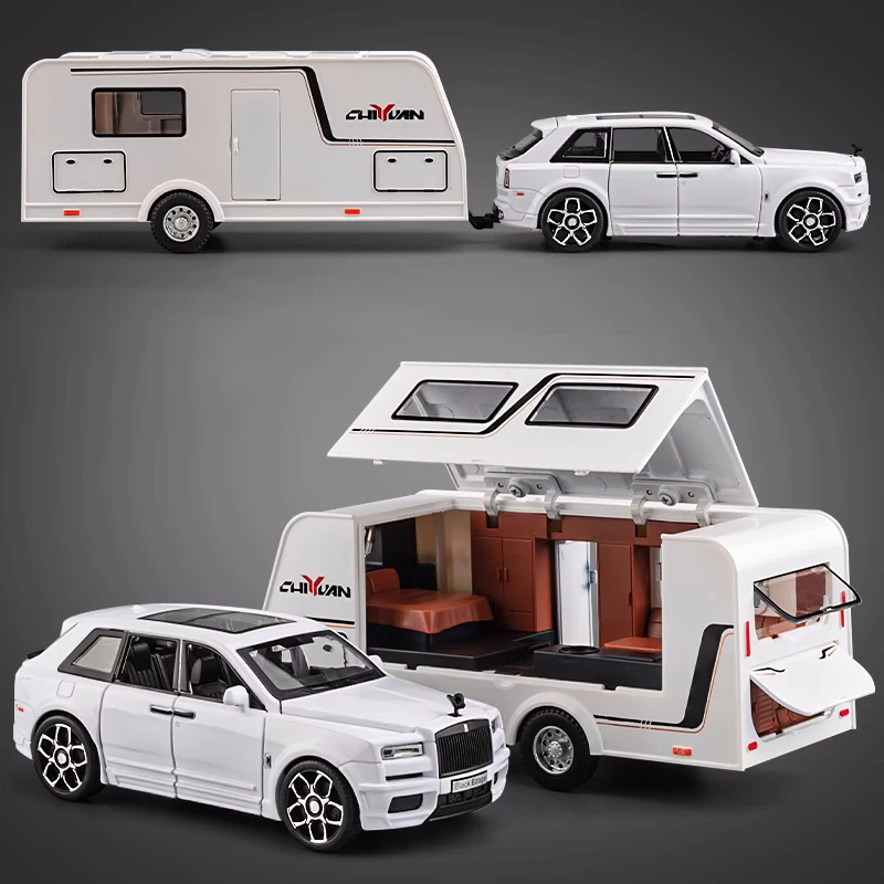 1:32 Rolls Royce Cullinan Trailer RV Alloy Car Model Diecast Metal Off-road Camper Vehicle Model Sound and Light Kids Toys Gift