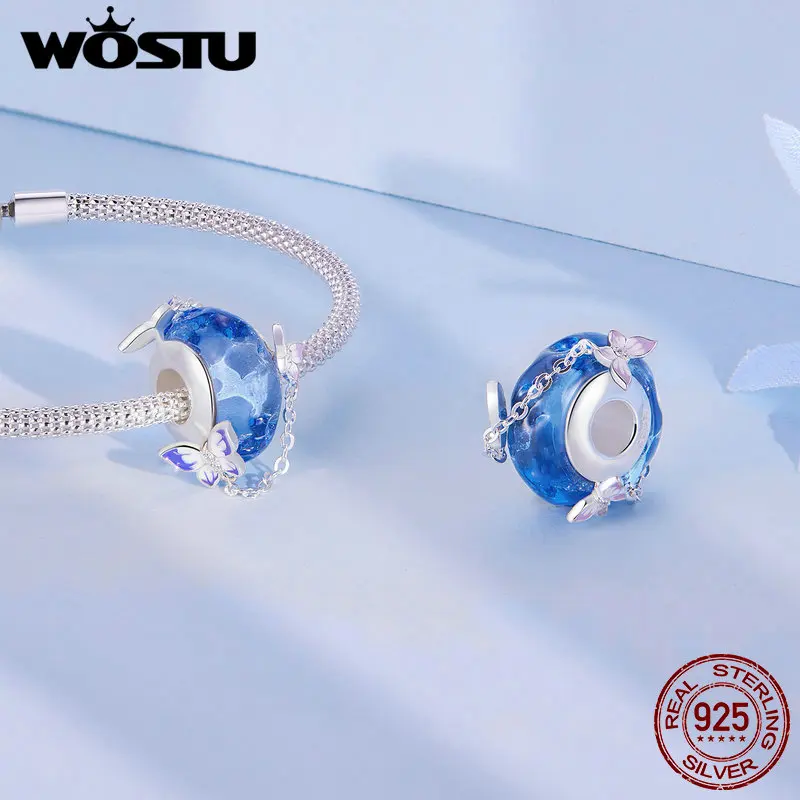 WOSTU 925 Sterling Silver Mystic Purple Flower Charms Beads Butterfly Safety Chain Fit Original Bracelet DIY Necklace Jewelry