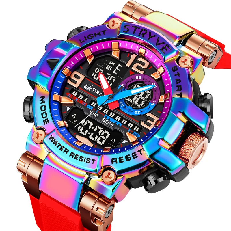STRYVE Dual Display Men Watches Waterproof Sports Watch Military Man Alarm Stopwatch Quartz Wristwatch Male Digital Clock S8025