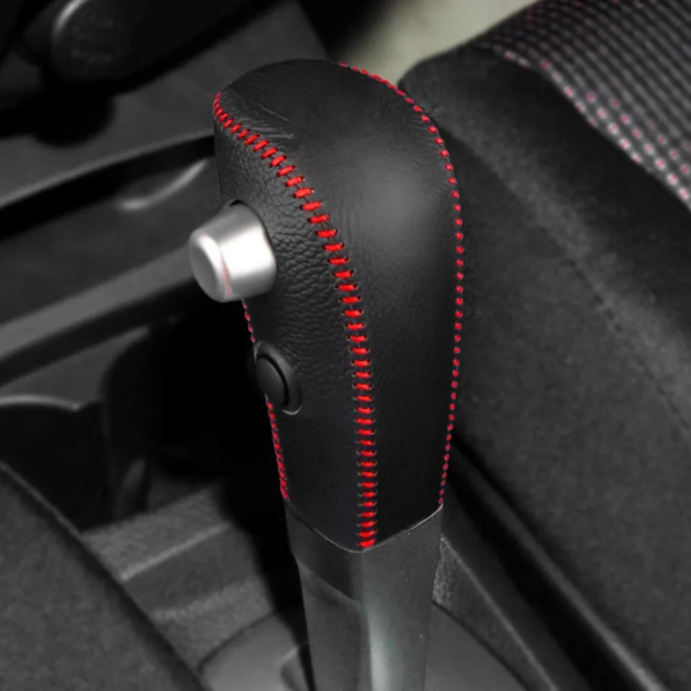 Black Genuine Leather Car Gear Head Shift Collars Cover for Nissan Tiida Automatic Knob Case 5