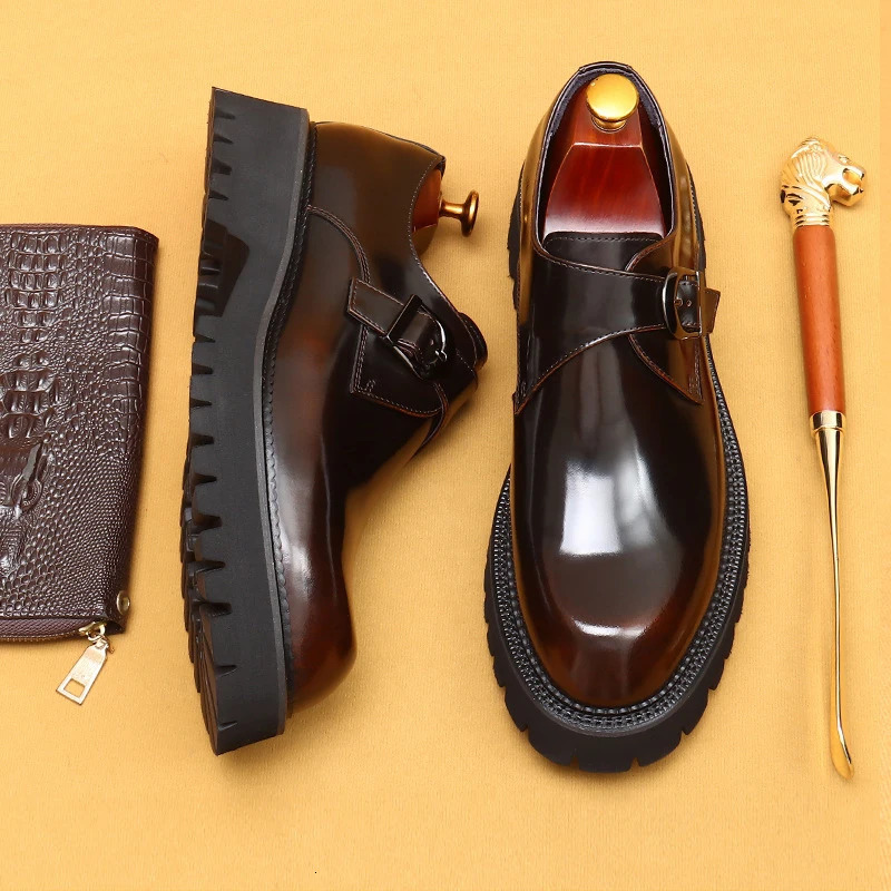British casual leather shoes genuine leather formal business mens shoes thick shoes Oxford shoes patented leather derby shoes 241031