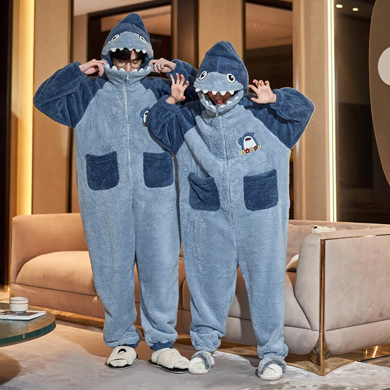 Dinosaur Pajamas Flannel Women Anime Onesie Adults Animal Overalls Thicken Homewear Men Warm Winter Sleepwear Fleece Jumpsuit