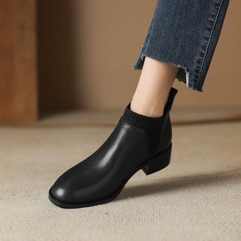 Women's Chunky 2023 Autumn/Winter Single Boot Round Toe Wool Mouth Heel Ankle Boots