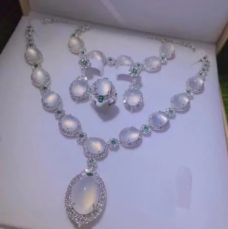 Silver natural stone green inlay jade agate jade necklace bracelet earring jewelry crystal zircon 241031