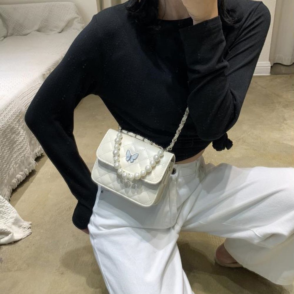 Fashion Pearl Shoulder PU Leather Handbags Women Trendy Dia Lattice Hand Tote Underarm Bags Flap Bag