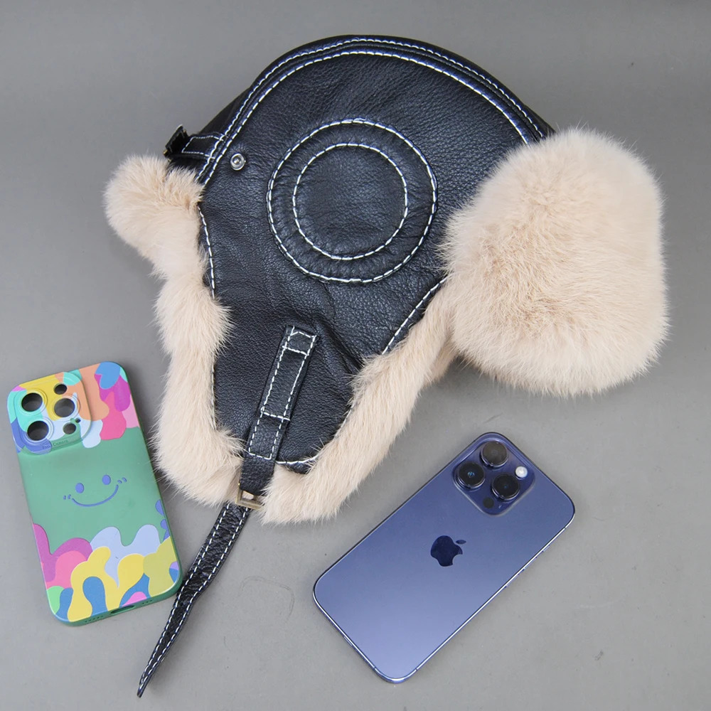 Mens 100% Natural Rabbit Fur Bomber Hat Winter Russian Mens Warm Genuine Sheepskin Hat 241031