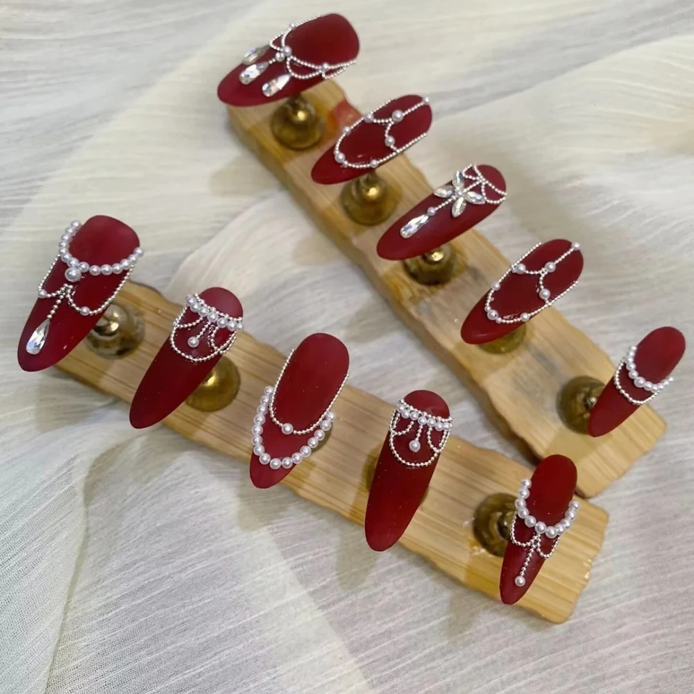 10 handmade pressed nails handmade long almond fake nails Christmas and Year limited edition red diamond nail n with set 241031