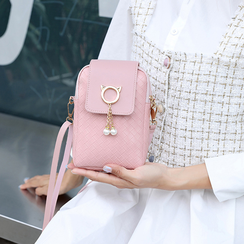 Leather Women Mini Cross-body Mobile Phone Shoulder Bag Woven Pearl Tassel Cover-style Female Bag Shoulder Diagonal Bag