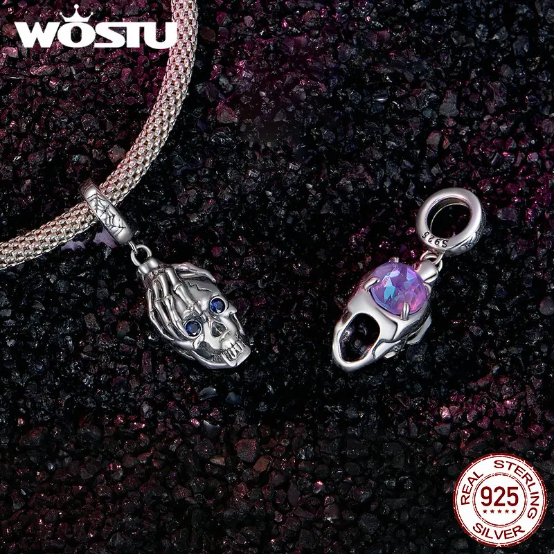 WOSTU 925 Sterling Silver Halloween Gift Skull Heart Pendant luminous Witch Charms Evil Eye Candy Beads Fit Bracelet DIY Neckace