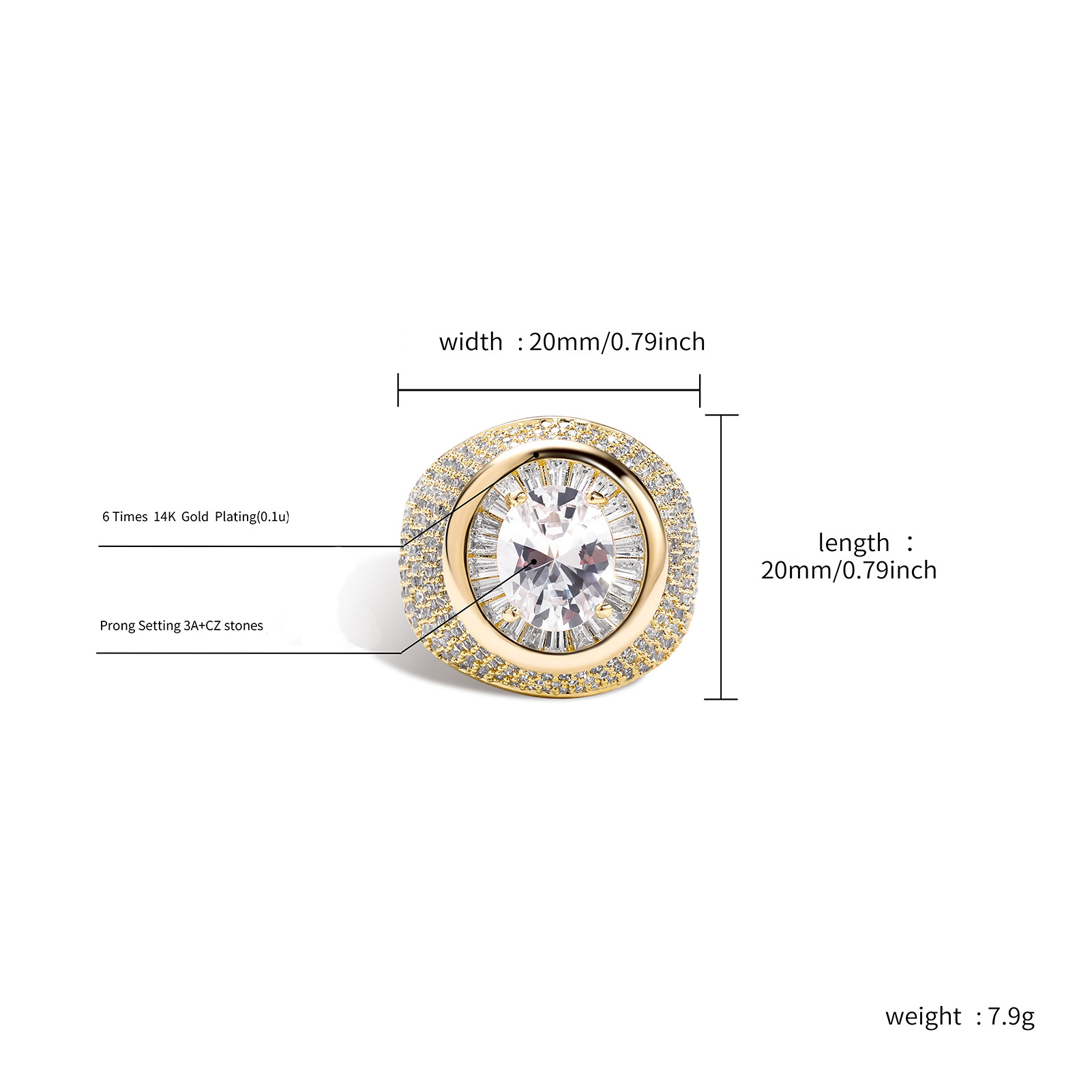 Hip Hop Cool Man Classic Rock Sugar Crystal Casting Ring 18K Real Gold Plated Jewelry