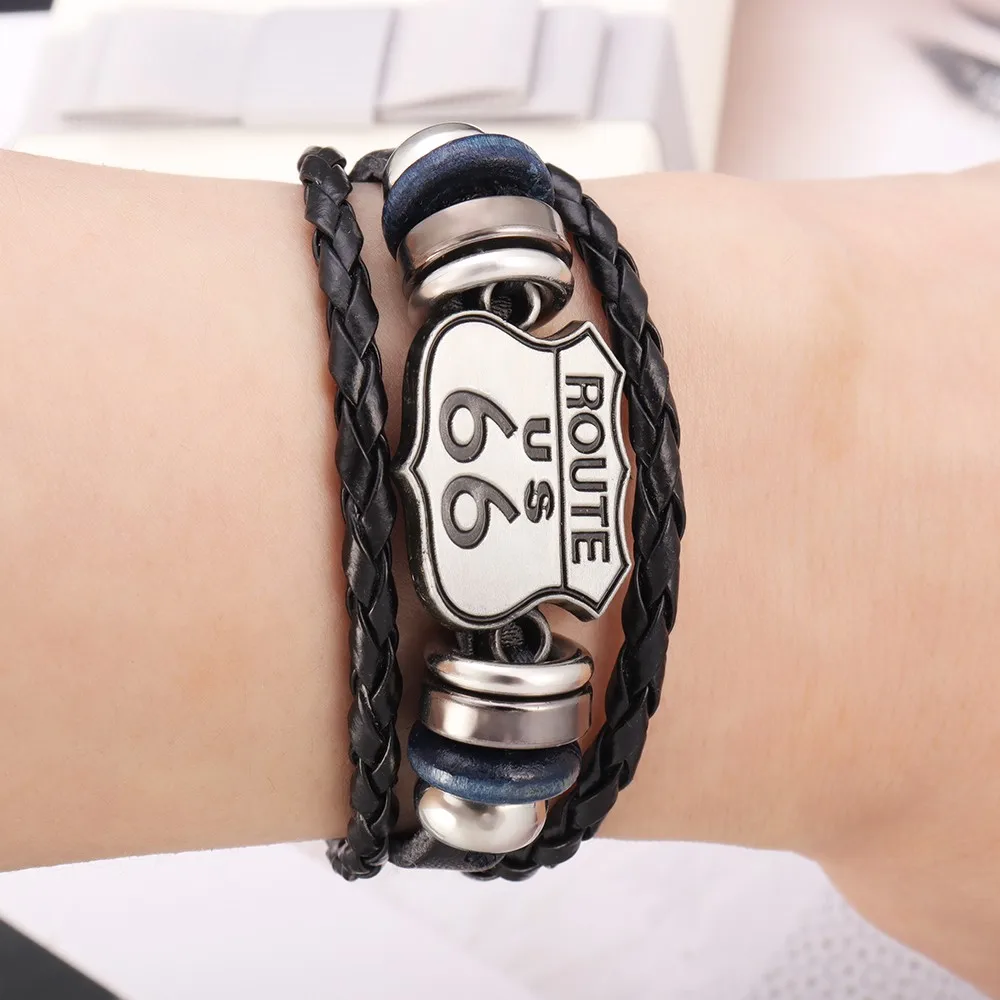 Vintage US Route 66 Printed Pattern Bracelet Men's Bracelet Metal Multilayer Leather Bracelet Accessories New Party Jewelry