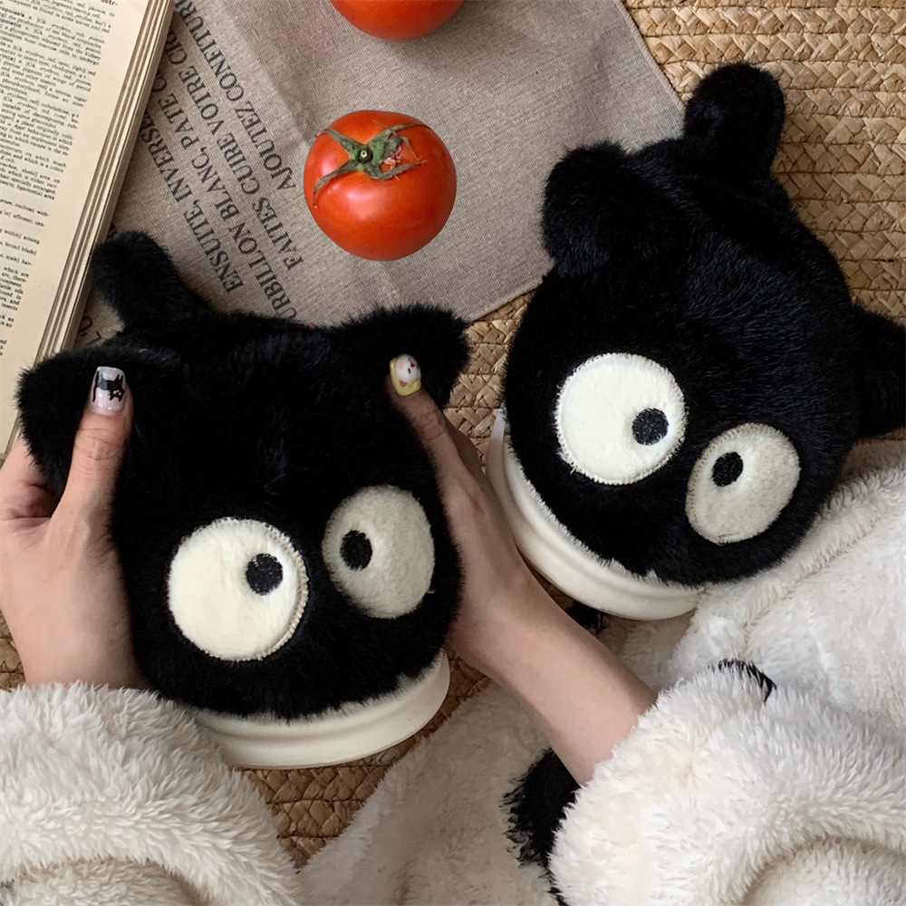 Big eyes small black cat Winter toe pack Warm cotton slippers Soft sole slip women indoor floor flat house non-slip shoes