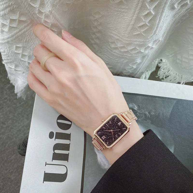 Light Luxury Small Green Watches Rose Gold Steel Band Watch Fashionable Minimalist Alloy Men's and Women's Quartz Wristwatches