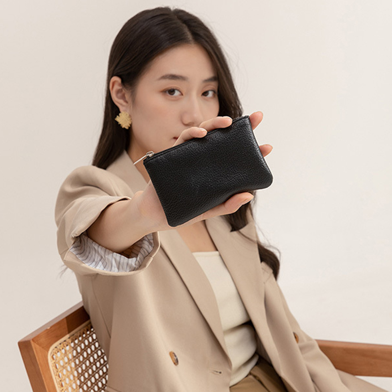 Leather Zipper Coin Purse Women Mini Wallet With Keychain Clutch Bag Solid Color Litchi Pattern Small Change Money Bag Pouch