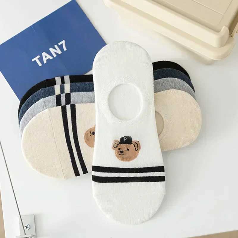 5 pair/batch fashion men boat non slip transparent silicone cotton ankle slippers Cartoon bear summer autumn LX241102