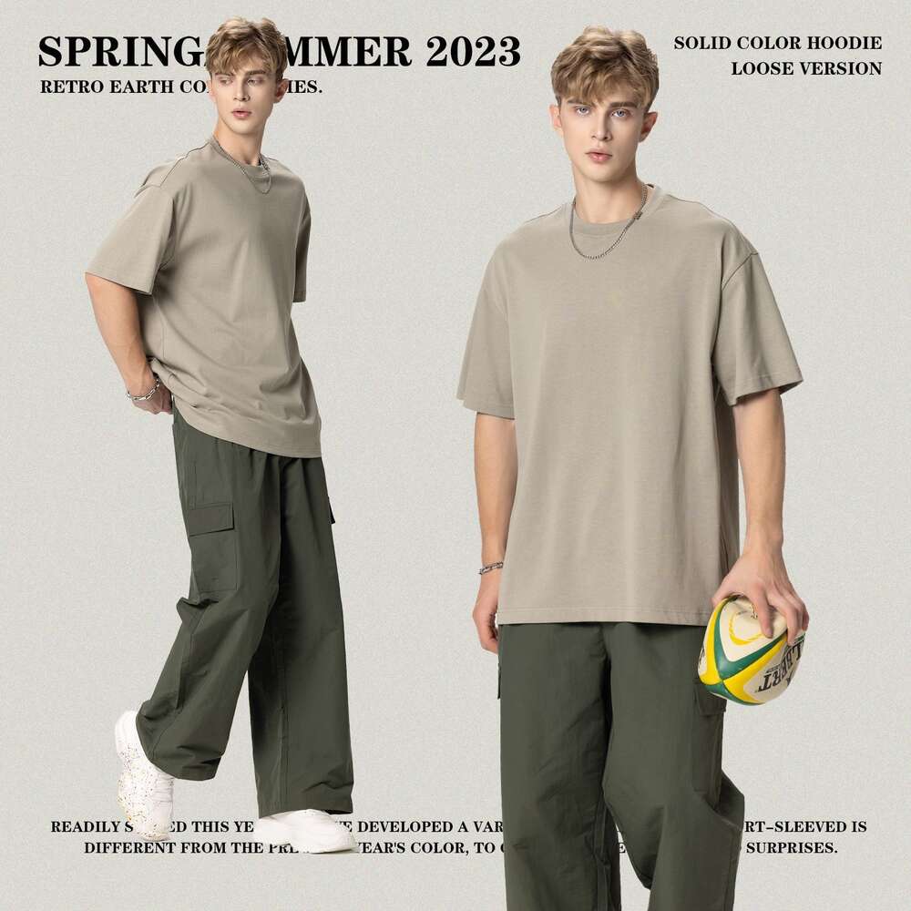 Dongdu Pure Cotton FOG Earth Color Shoulder Drop Short Sleeved Fashion Brand Men's T-shirt