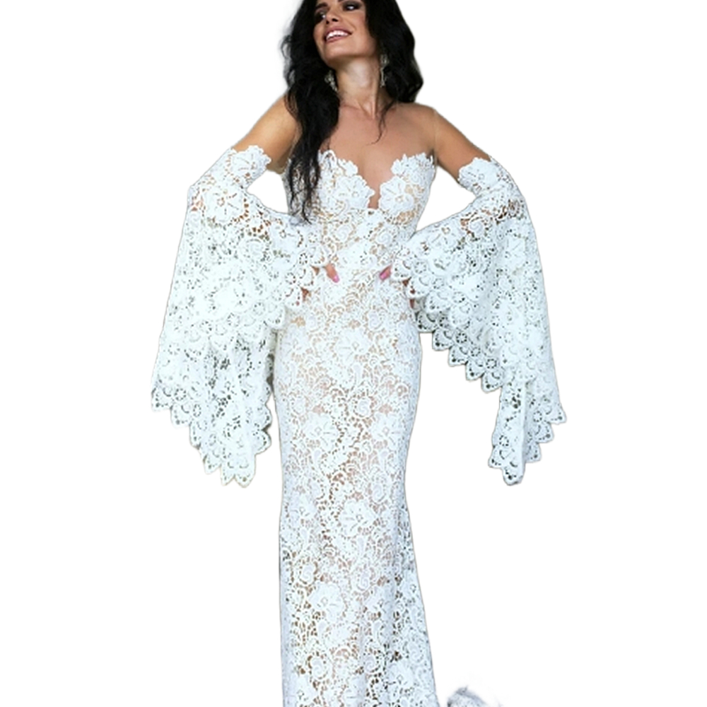 Full Lace Mermaid Wedding Dresses With Flare Sleeves Long Boho Beach Bridal Gowns Illusion Jewel Neck Chic Vestido De Novia