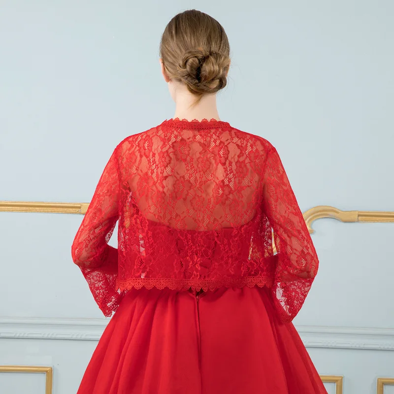 Red Women Floral new Lace Wraps 3/4 Long Sleeve White Lace Bolero Female Shrug Shawl Pink Wedding Bridal Capes 2025 Evening Party Jackets