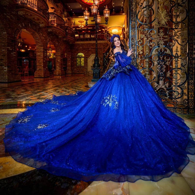 Royal Blue Shiny Quinceanera Dresses Ball Gown Lace Applique Sequins Beads Tull Mexico Corset Sweet 16 Vestido De 15 Anos