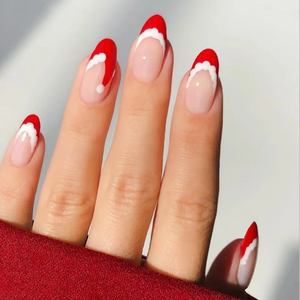 10 cute handmade French red pressed nails with Christmas hat n fake nail party Year nail art wearable fake nails 241031