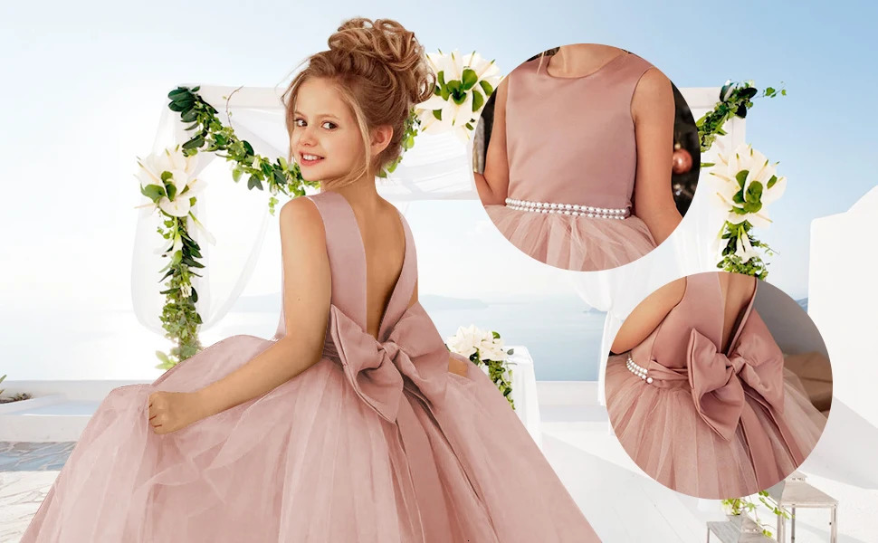 Flower Girls Dresses Tulle Princess Pageant Dress For Wedding Kids Pearls Prom Ball Gowns With Bowknot Girl 240403