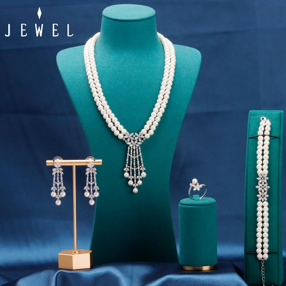 JEWEL Bridal Pearl Zircon Jewelry White Double Layer Suitable for Women Korean Temperature Short Neck Earring Necklace Set 241031