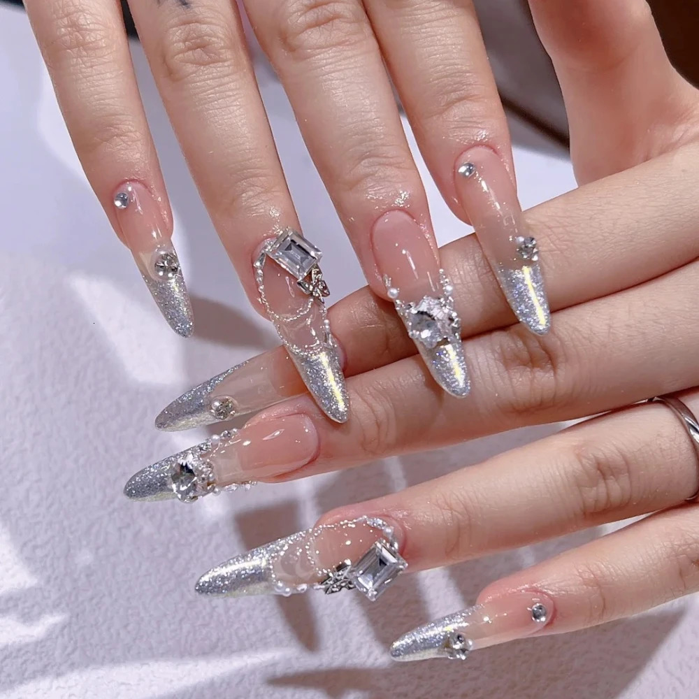 10 handmade pressed nails handmade long almond French fake nails Christmas and Year limited edition silver nail n with set 241031