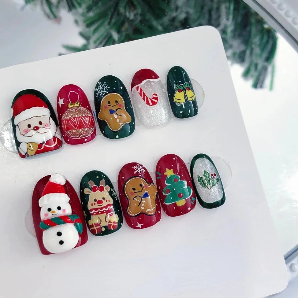 10 handmade pressed nails Christmas cute gingerbread mens oval shaped fake nail n art female gift 241031