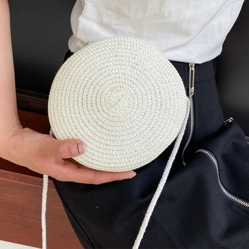 New Round Straw Women Woven Beach Crossbody Bag for Ladies Cute Shoulder Rattan Handmade Knitted Candy Color Small Handbag