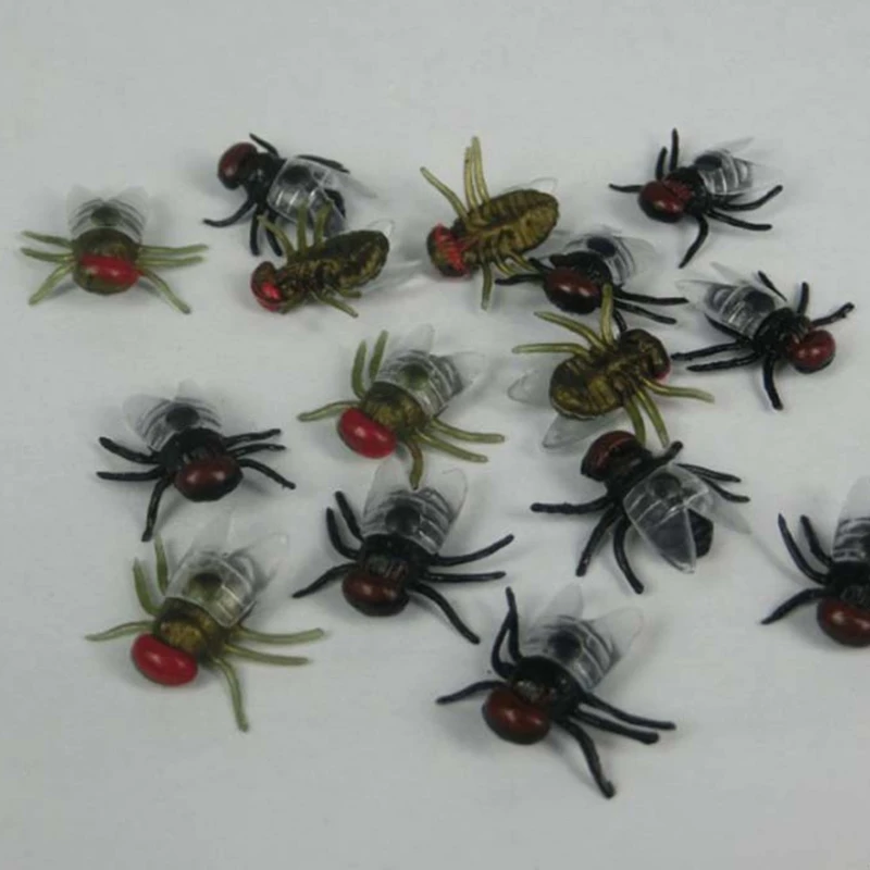 W3JF 100 Pcs Fake Flies Plastic Simulated Insect Fly Bugs Joke Prank Halloween Party
