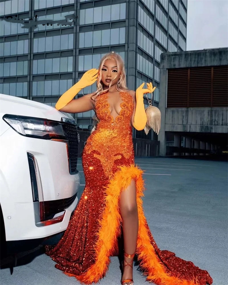 Orange Sequins Diamonds Prom Dress 2024 Glitter Crystal Beads Sexy Front Split Backless Feathers Birthday Party Gowns