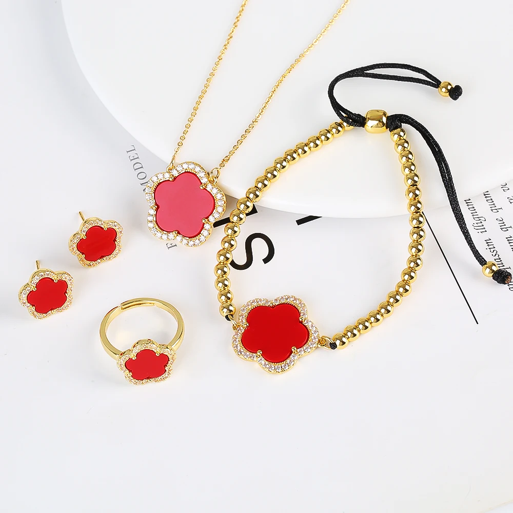 2023 Hot Selling Jewelry Set Natural White Shell Stone Plant Five-leaf Flower Pendant Necklace Earring Ring Jewelry Set
