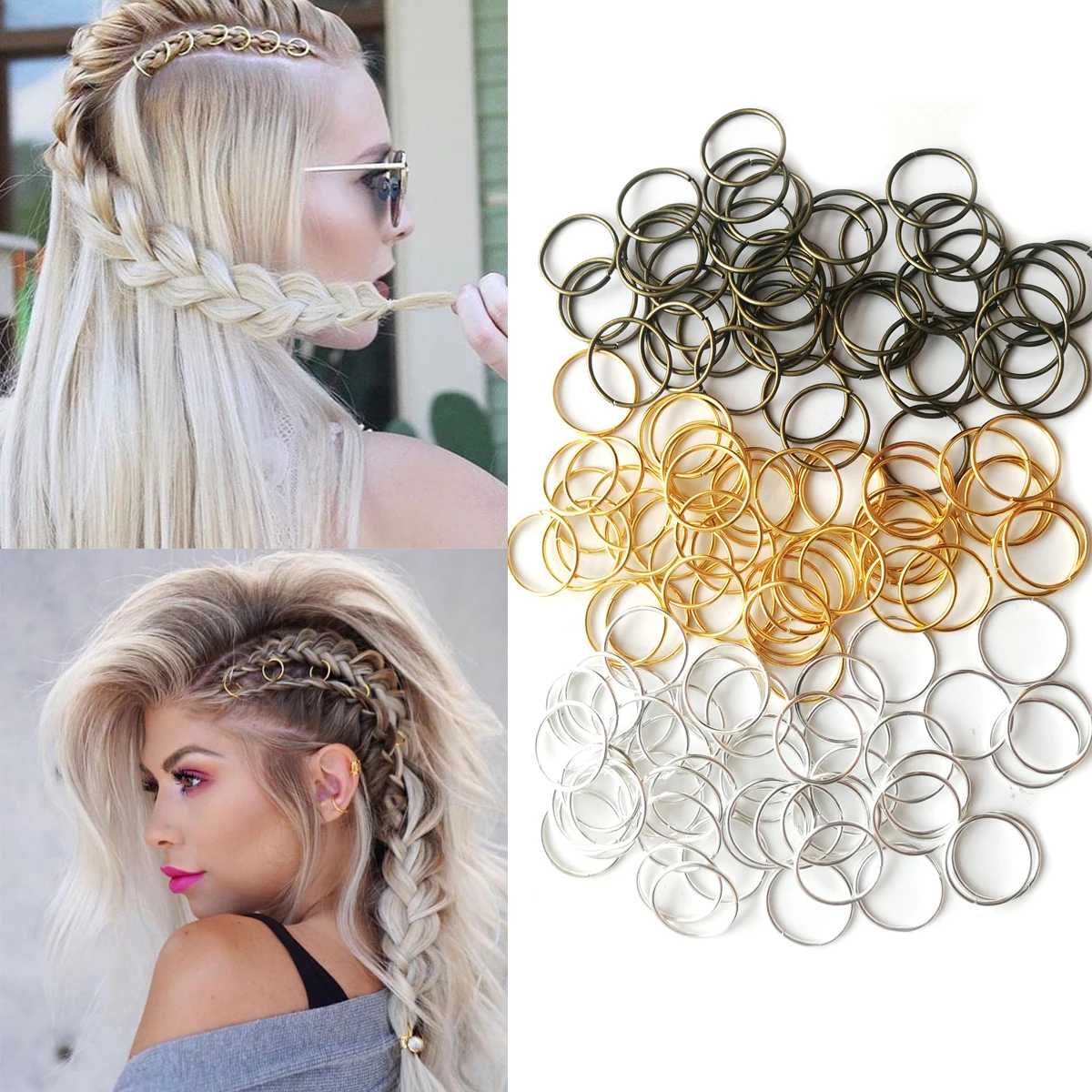 50Pcs/lot Golden/Sliver Charms Hair Braid Dread Dreadlock Beads Clips Cuffs Rings Jewelry Dreadlock Clasps Accessories Hair ring