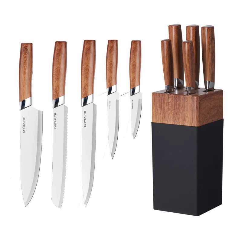 6-piece knife block set made of high carbon stainless steel with wooden pattern PP handle kitchen knife set X241102