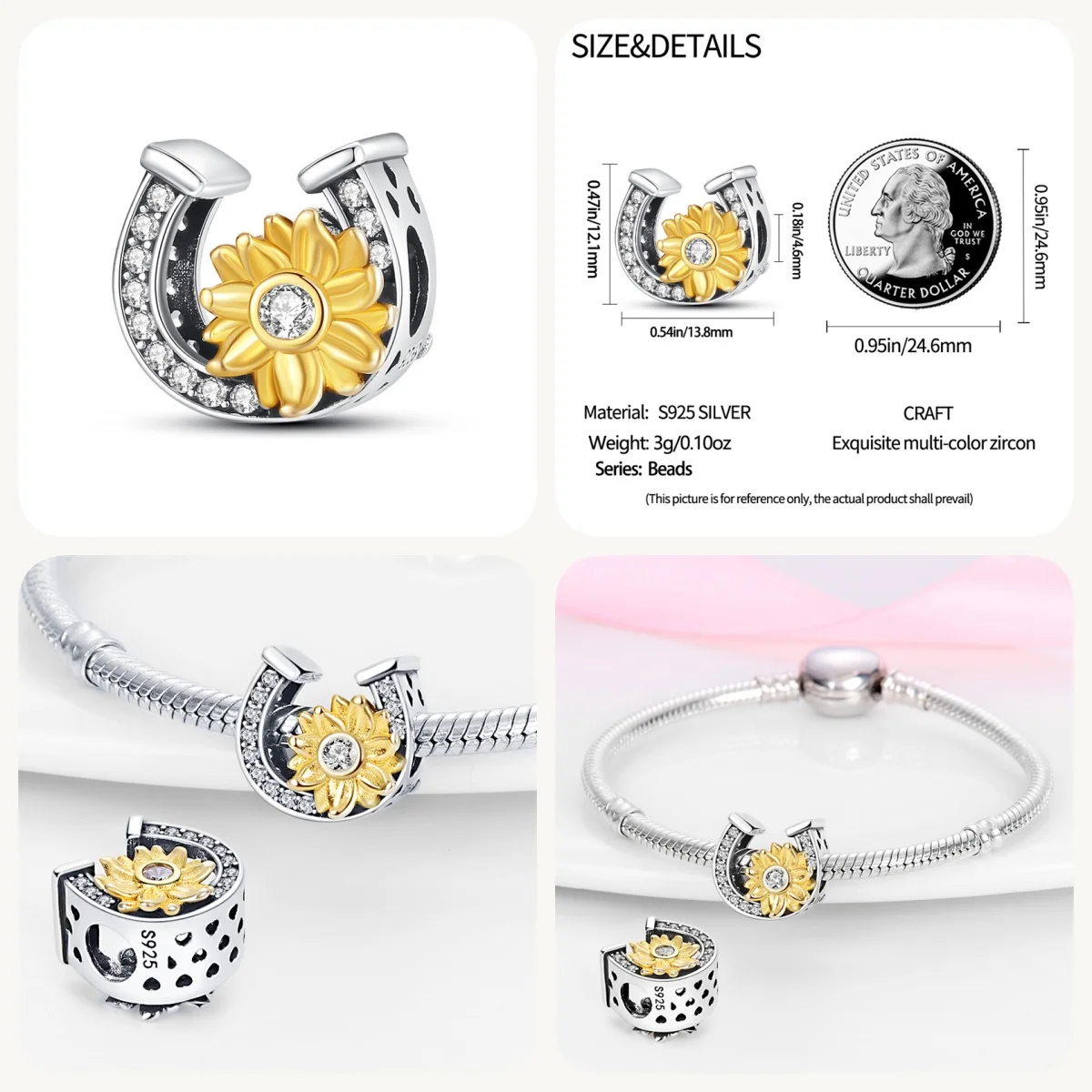 New in 925 Silver Sunflower Charms Fit Original Bracelet&Bangle For Women Birthday Fine Jewelry Gift