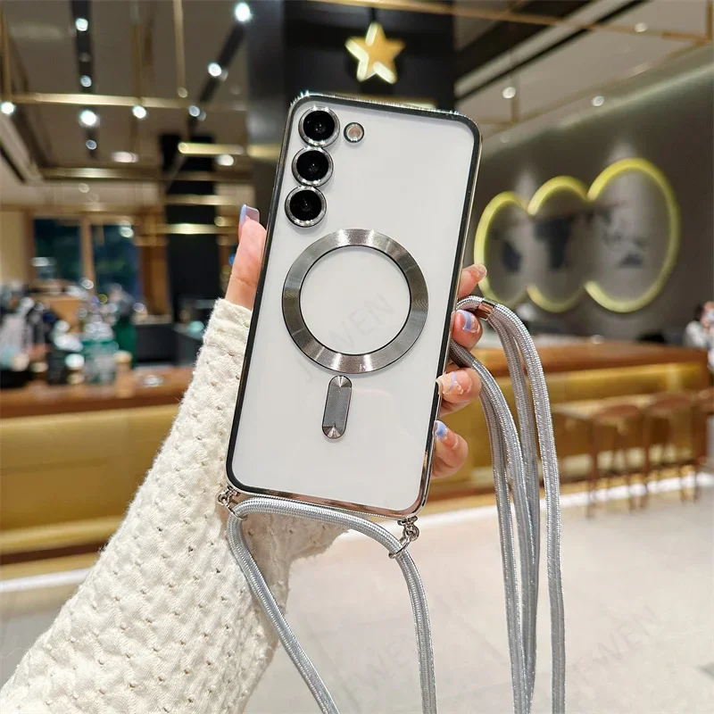 Crossbody Lanyard Magnetic Clear Case Samsung Galaxy S24 S23 S22 S21 FE Ultra Plus For Magsafe Electroplated Soft TPU Cover