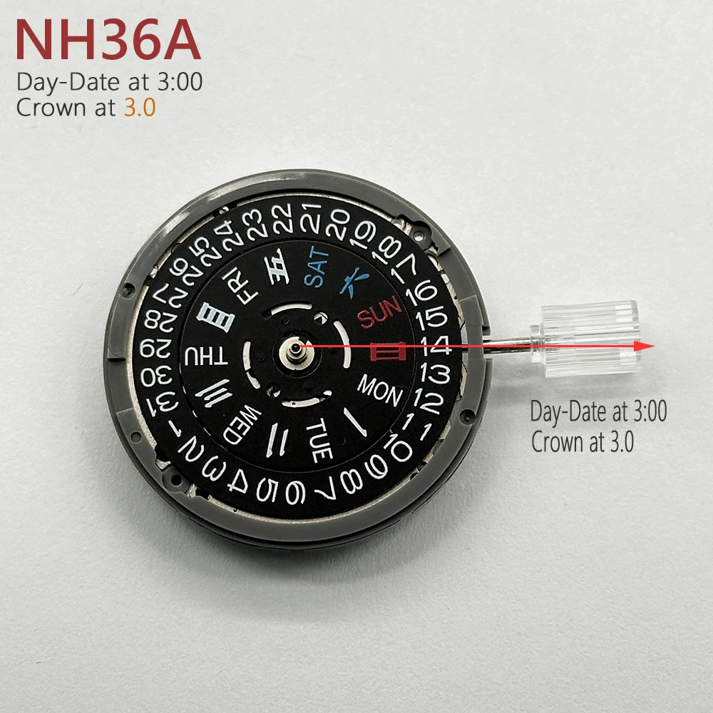 Genuine Japan NH36A Mechanical Movement Black Datewheel 3H Crown at 3.0/3.8 O'Clock Mod NH36 4R36A Automatic Mechanism 24 Jewels
