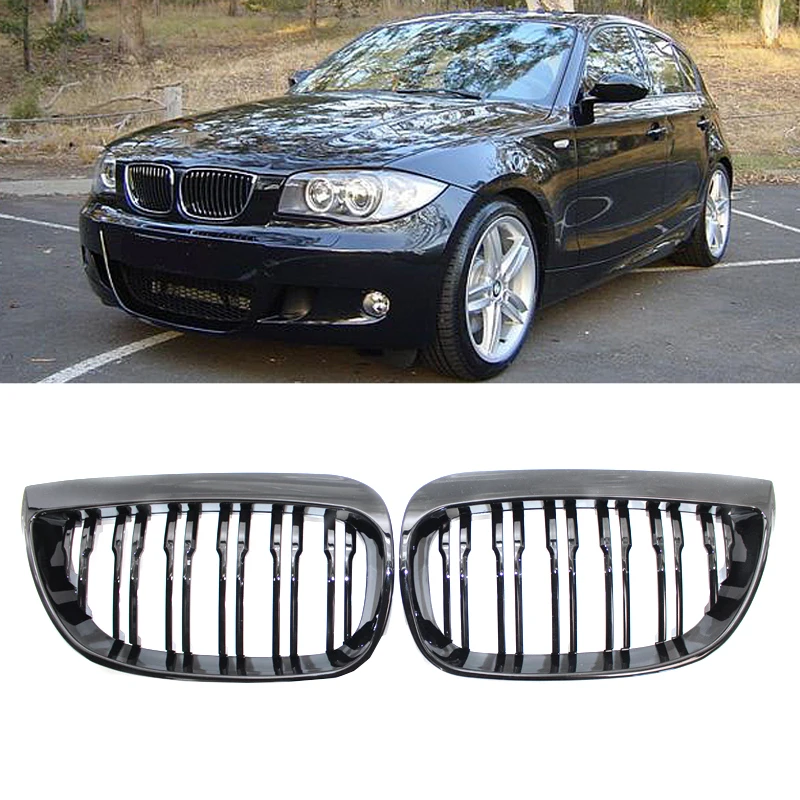For E81 E87 120d 120i 130i Car Grill Front Kidney Racing Grills Gloss Black Grille Auto ABS Double Slat Grilles 04-06