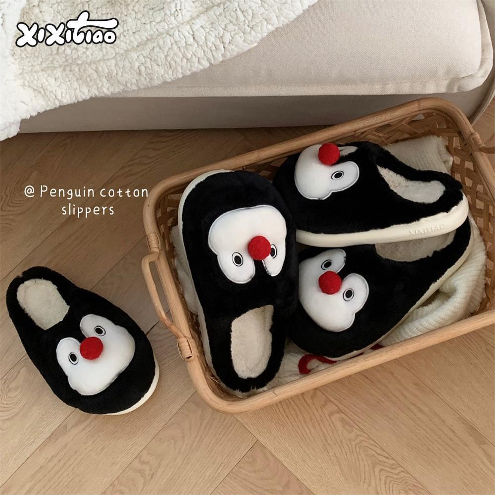 Women's winter toe pack warm cotton slippers Fun cute Penguin soft sole Slipper men's indoor floor flat home couple non-slip shoes