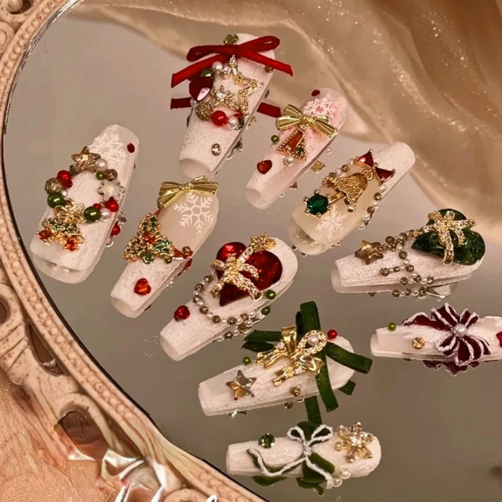 10 Handmade Pressing Christmas Nails Cute 3D Snowman Long Coffin Co. Ltd. Fake Nail n Art DIY Nail Set 241031