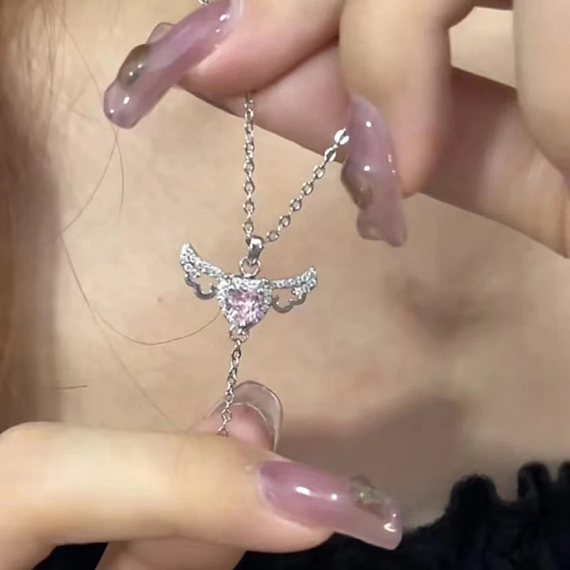 Pink Crystal Angel Wings Heart Pendant Necklace For Woman Minimalist Jewelry Girl's Neck Chain