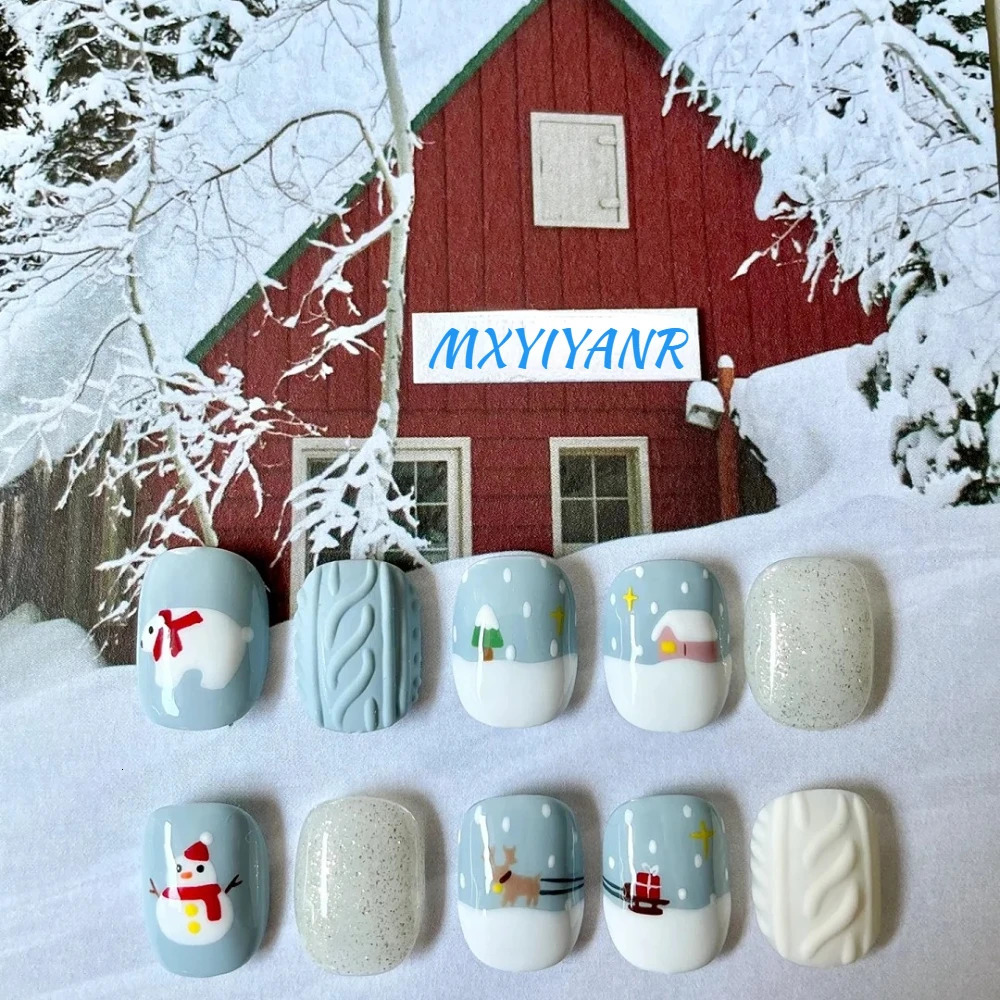 10 Handmade Pressing Nails Christmas and Year Nails Blue Cute 3D Square Limited Fake Nail n Art DIY Nail Set 241031
