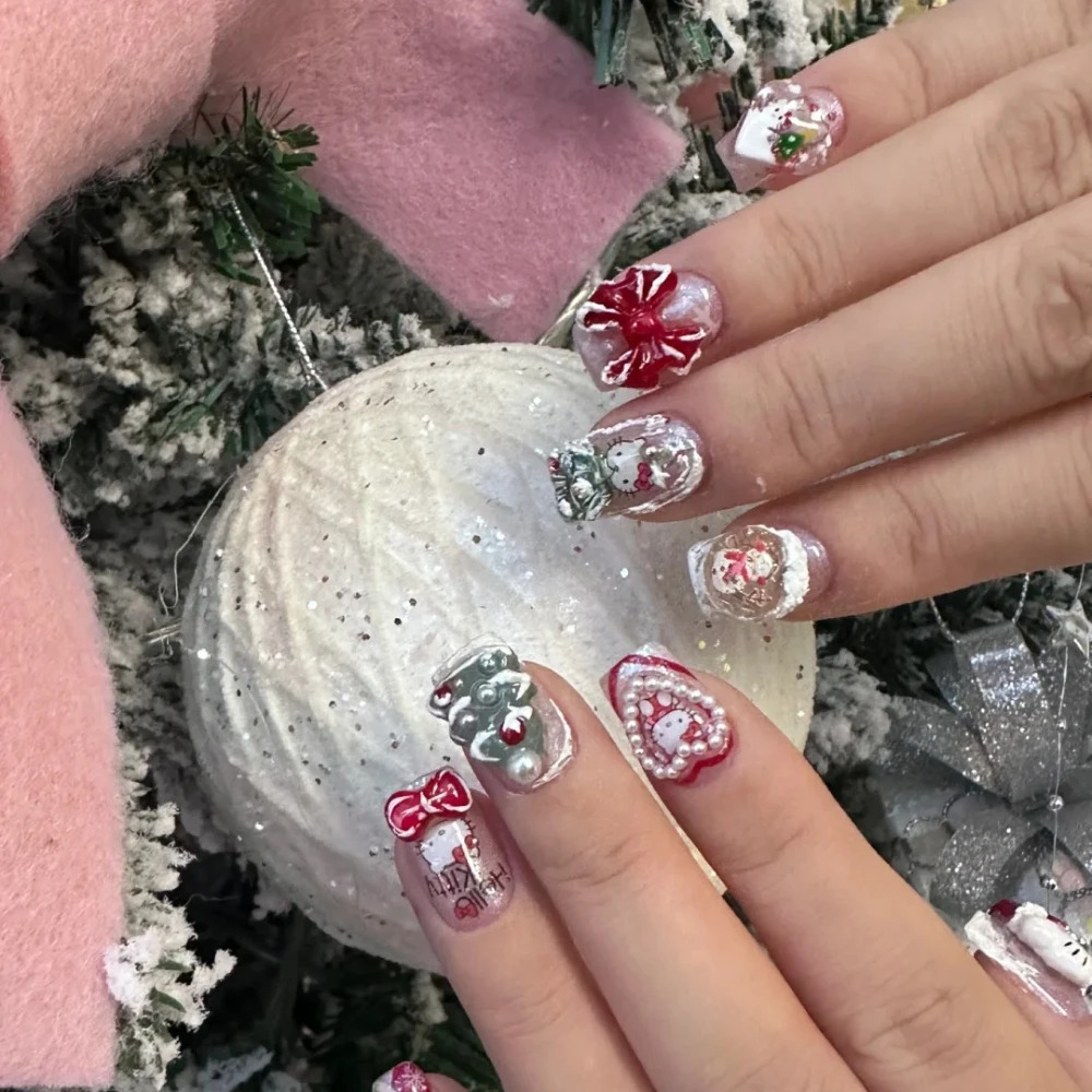 10 handmade nail clippers handmade French white kitten short square fake nails Christmas limited edition with set 241031