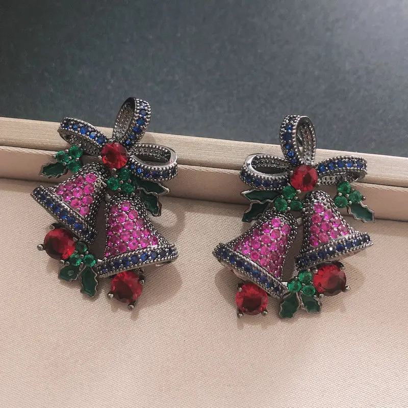 Bilincolor Red and Green Cubic Zirconia Fashion Bell Womens Christmas Earrings 241031