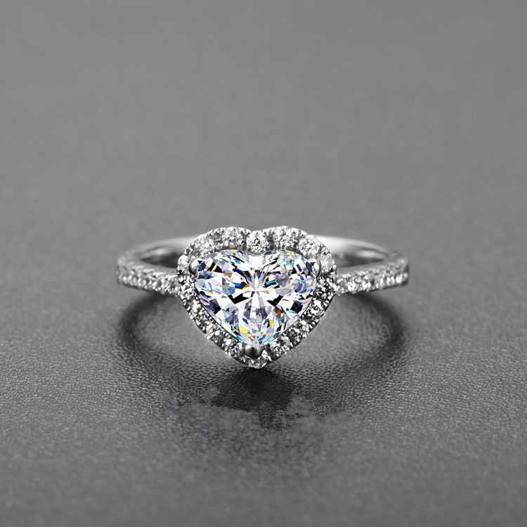 Solitaire Ring Women's 925 Sterling Silver Heart Ring Love Shape Diamond Ring 8mm Crystal Platinum Wedding Ring Luxury Jewelry size 5-12