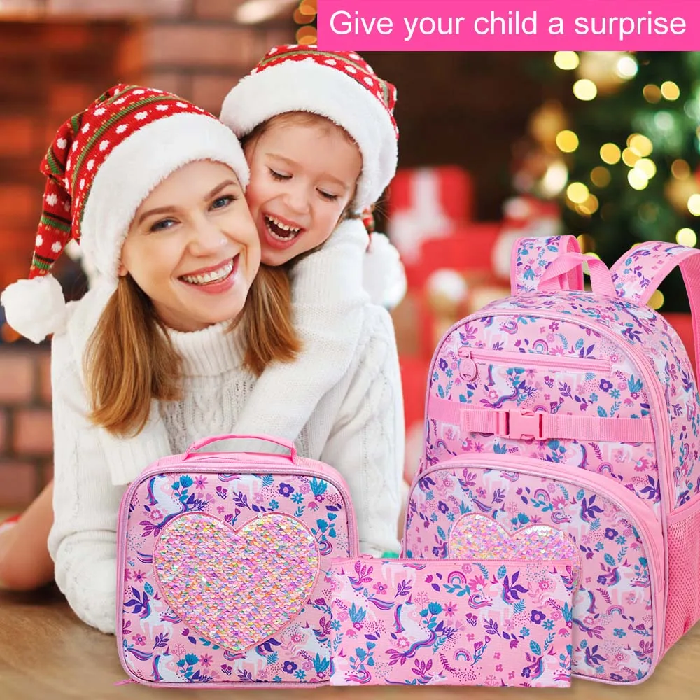 3PCS Unicorn Backpack for Girls, 16" Cute Sequins Kids Bookbag with Lunch Box, Elementary Preschool Kindergarten School Bag Set